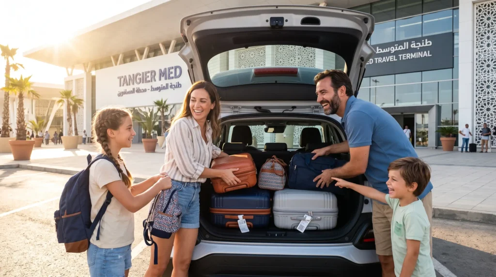 Family loading luggage into a spacious rental SUV for a trip in Tangier