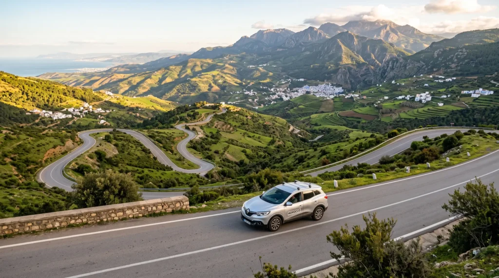 Rental vehicle cruising through scenic winding mountain roads near Tangier