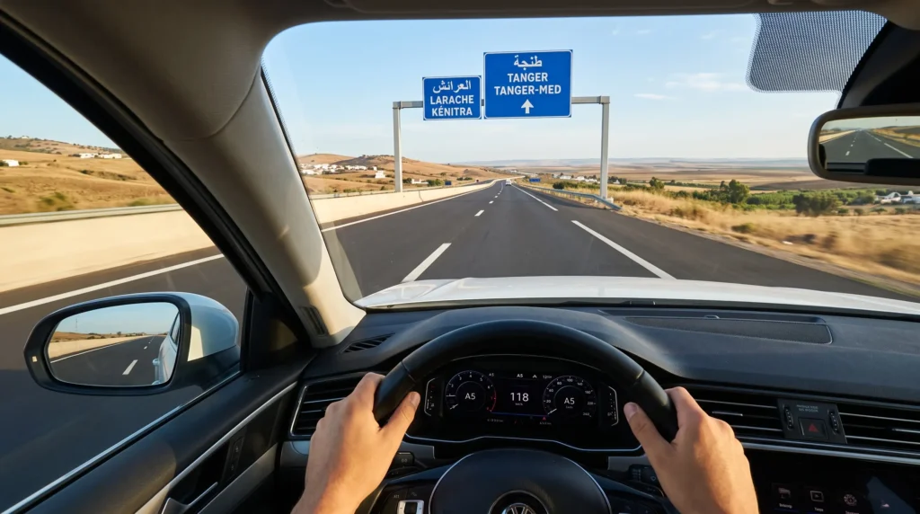 Driver perspective on a smooth Moroccan highway for a stress-free road trip