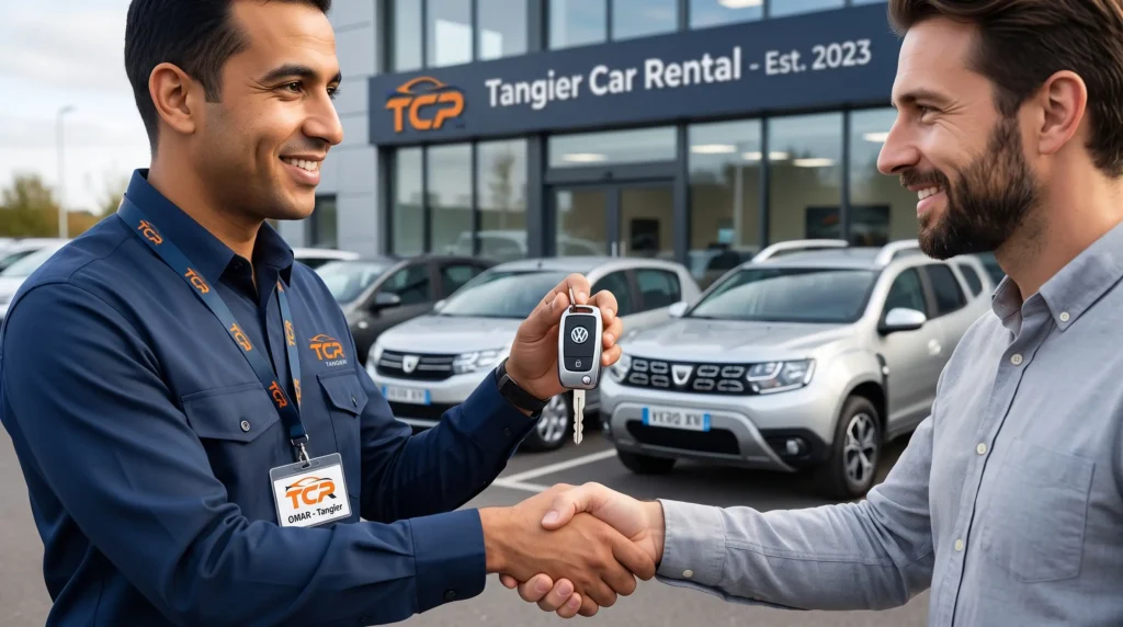 Friendly car handover and keys exchange at a car rental agency in Tangier