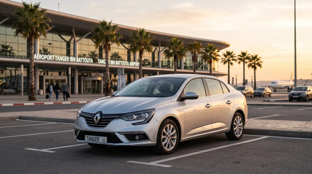 Rental car parked outside Tangier Ibn Battouta Airport terminal ready for pickup