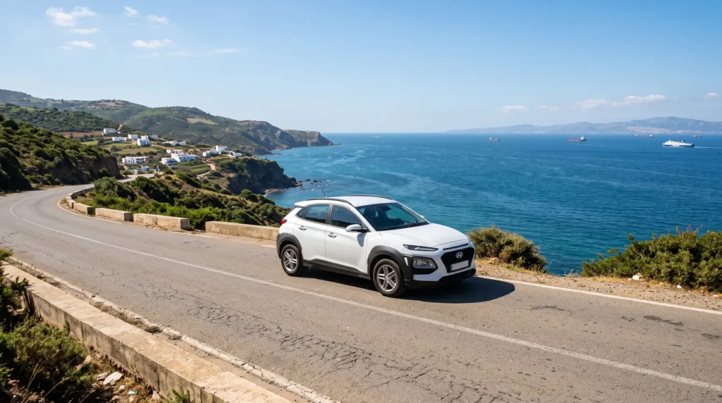 Compact rental car parked along the scenic coastal road in Tangier during summer